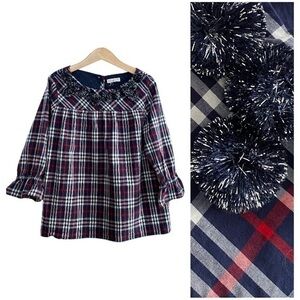 Crewcuts Navy Blue Red White Tartan Plaid Sparkly Pom Pom Top Blouse